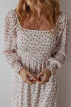 Floral Print Shirred Ruffled Hem Square Neck Midi Dress