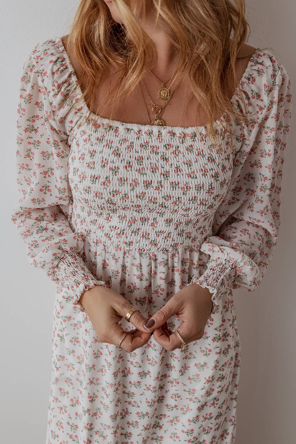 Floral Print Shirred Ruffled Hem Square Neck Midi Dress