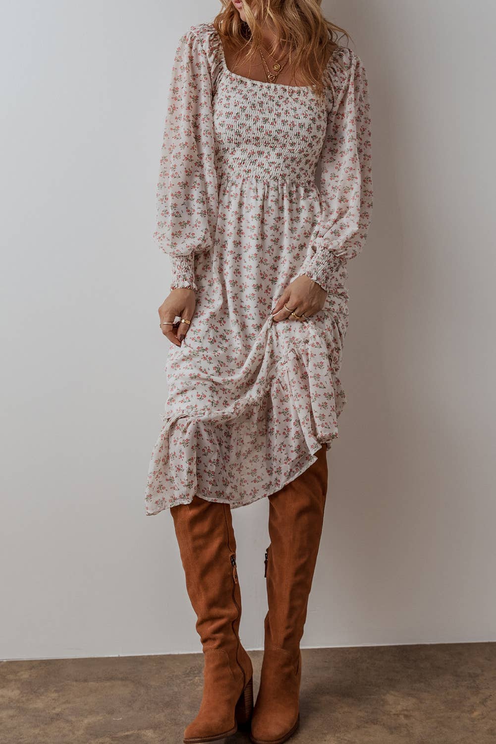 square neck midi dress floral Square Neck Floral Print Smocked Waist Midi Dress