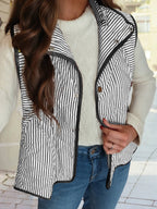Striped Snap Button Scalloped Hem Winter Vest